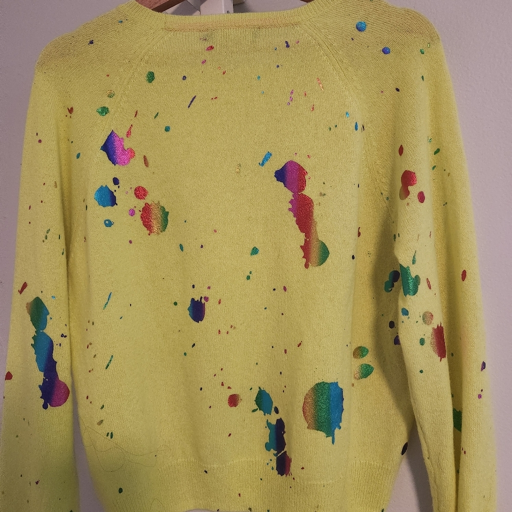 Brodie Fine Cashmere Neon Yellow Rainbow Foil Paint Splatter Sweater Med Luxury - Picture 9 of 11
